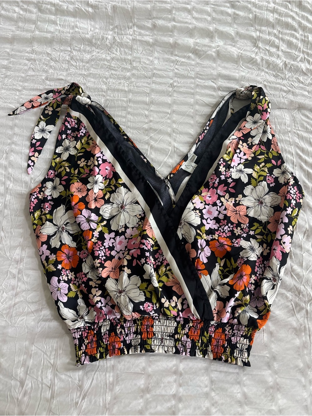 Joie Black Floral Tie-Shoulder V-Neck Crop Top